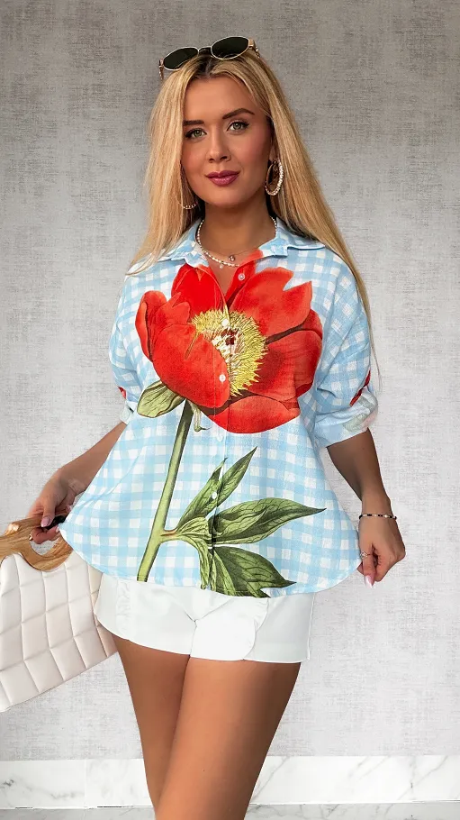 Asymetryczna lniana koszula w niebieską kratkę ONE SIZE - P736