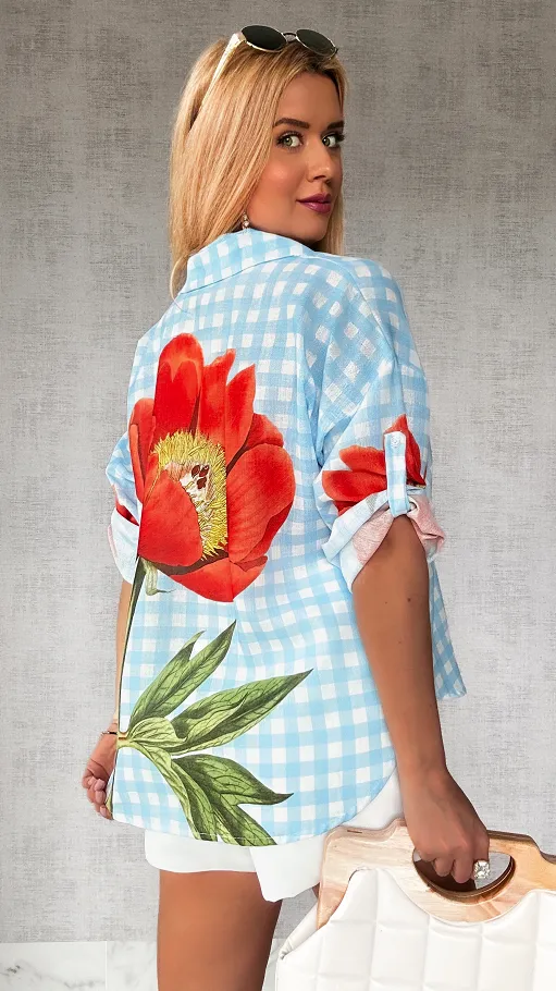 Asymetryczna lniana koszula w niebieską kratkę ONE SIZE - P736