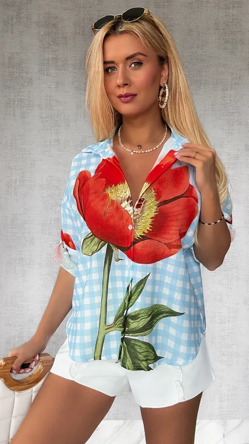 Asymetryczna lniana koszula w niebieską kratkę ONE SIZE - P736