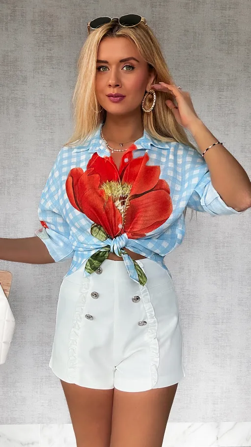 Asymetryczna lniana koszula w niebieską kratkę ONE SIZE - P736