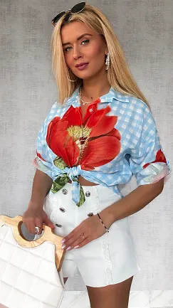 Asymetryczna lniana koszula w niebieską kratkę ONE SIZE - P736