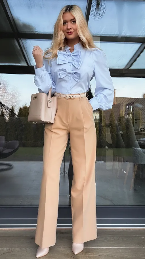 Błękitna bluzka koszulowa z kokardami - R355