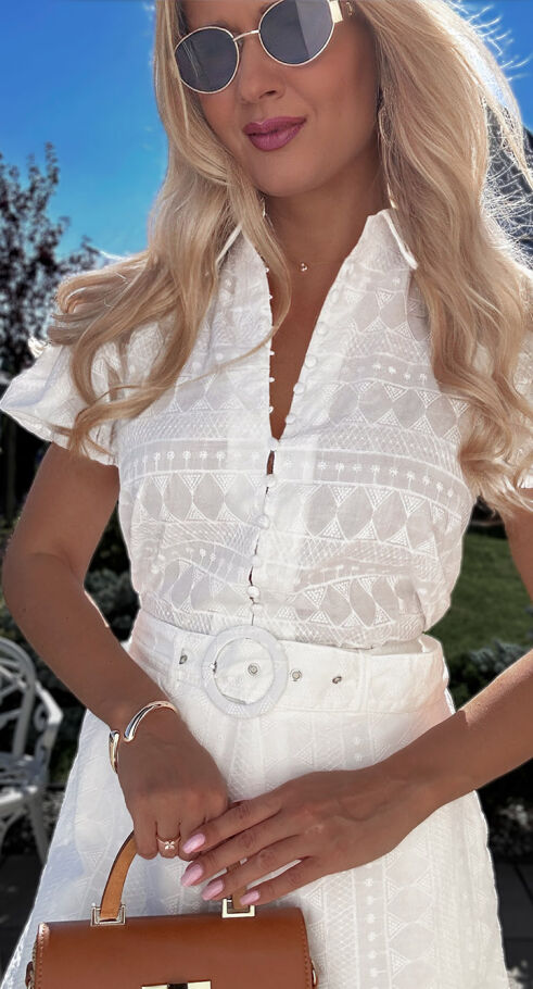 Biały letni BAWEŁNIANY komplet bluzka zapinana na mini guziki + spodenki z gumką - N453