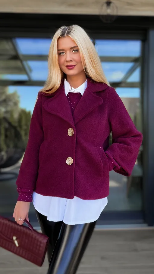 Modny flauszowy płaszcz na jesień BORDO - R136