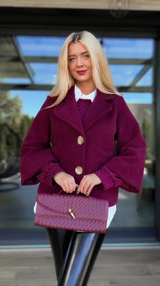 Modny flauszowy płaszcz na jesień BORDO - R136