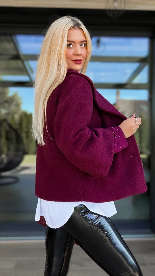 Modny flauszowy płaszcz na jesień BORDO - R136