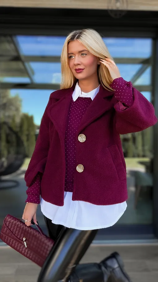 Modny flauszowy płaszcz na jesień BORDO - R136