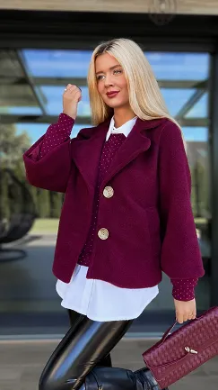 Modny flauszowy płaszcz na jesień BORDO - R136