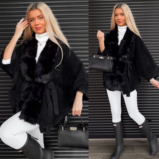 Oryginalne czarne ponczo w stylu ALPAKI z futerkiem ONE SIZE - S534