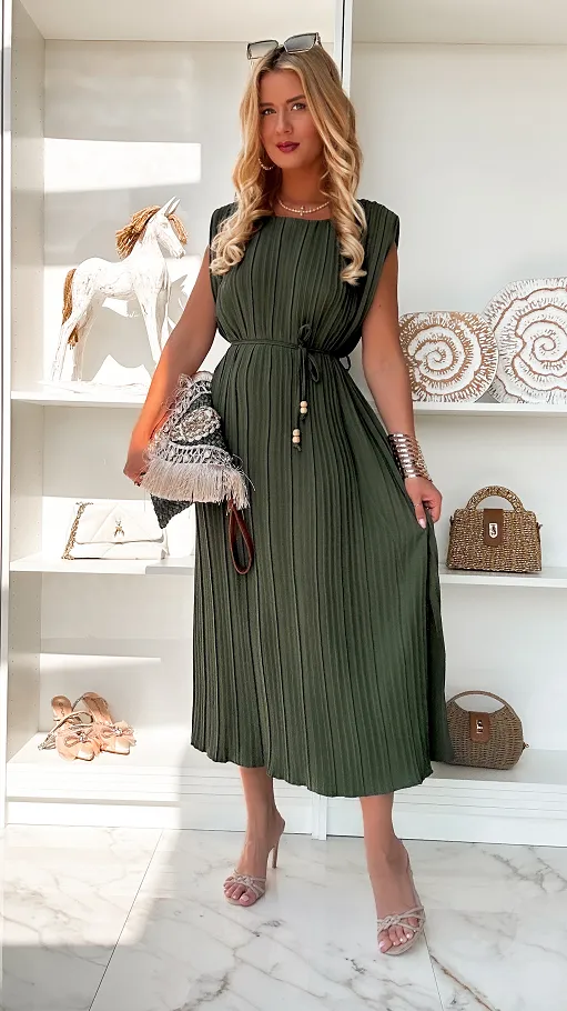MAXI plisowana sukienka na lato w kolorze khaki ONE SIZE - P838