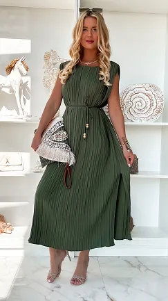 MAXI plisowana sukienka na lato w kolorze khaki ONE SIZE - P838