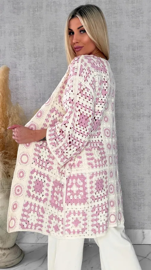 Wiosenna szydełkowa narzutka ONE SIZE pink - R645B