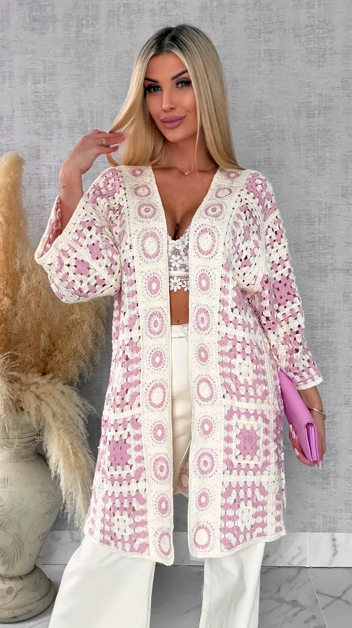 Wiosenna szydełkowa narzutka ONE SIZE pink - R645B