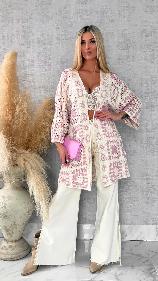 Wiosenna szydełkowa narzutka ONE SIZE pink - R645B