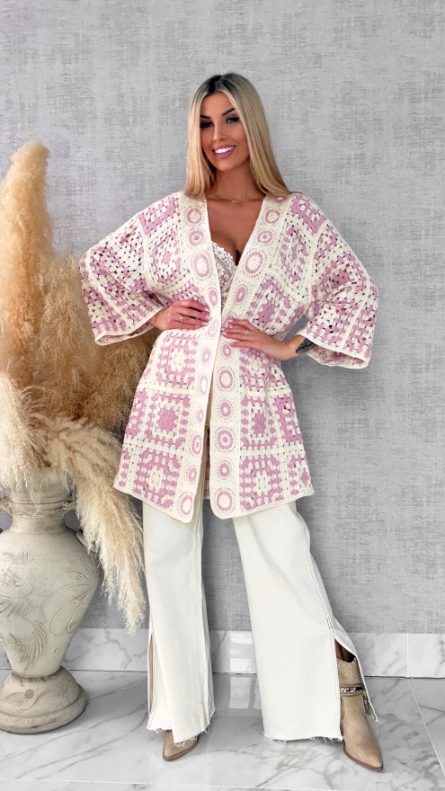 Wiosenna szydełkowa narzutka ONE SIZE pink - R645B
