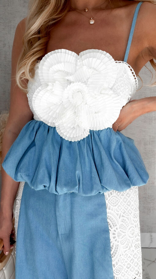 Świetny jeansowy komplet z gipiurą bluzka TOP + spodnie BLUE - S112
