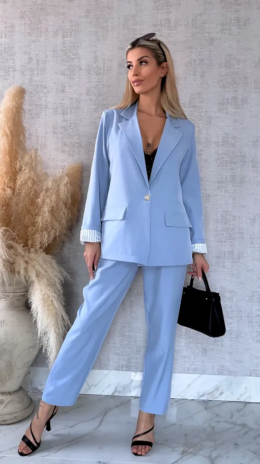 Elegancki wiosenny komplet BLUE żakiet + spodnie ONE SIZE - R675A