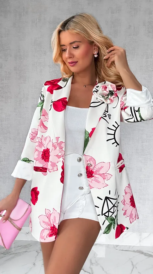 Stylowa marynarka ecru OVERSIZE w kwiaty - P317A