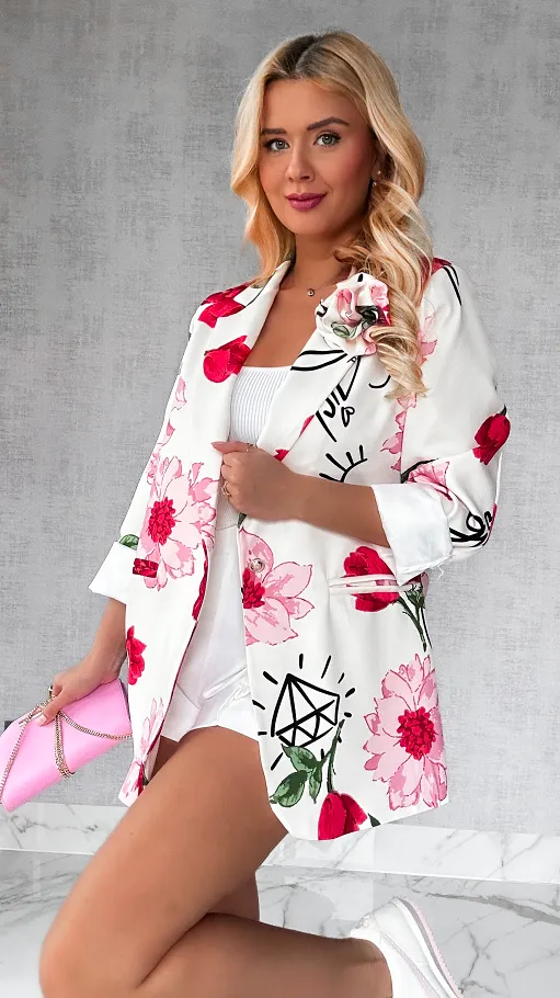 Stylowa marynarka ecru OVERSIZE w kwiaty - P317A
