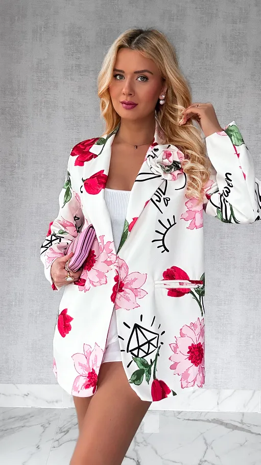 Stylowa marynarka ecru OVERSIZE w kwiaty - P317A