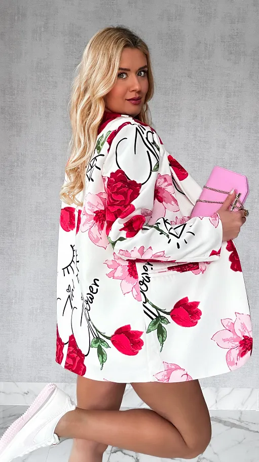 Stylowa marynarka ecru OVERSIZE w kwiaty - P317A