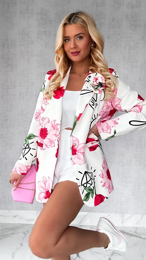 Stylowa marynarka ecru OVERSIZE w kwiaty - P317A