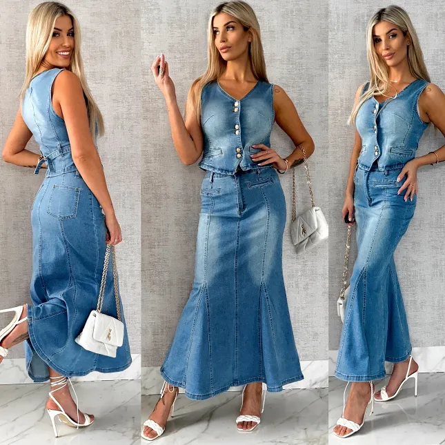 Świetny elastyczny jeansowy komplet kamizelka + spódnica BLUE JEANS - R501