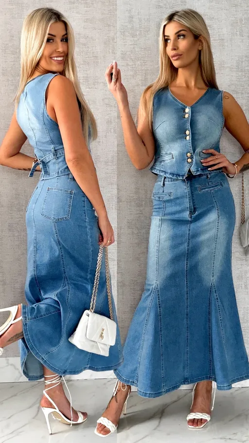 Świetny elastyczny jeansowy komplet kamizelka + spódnica BLUE JEANS - R501