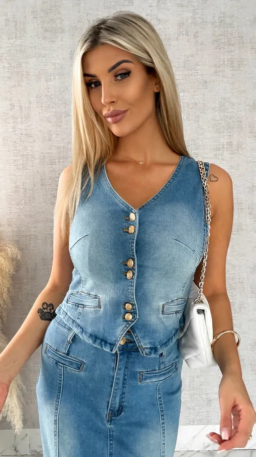 Świetny elastyczny jeansowy komplet kamizelka + spódnica BLUE JEANS - R501