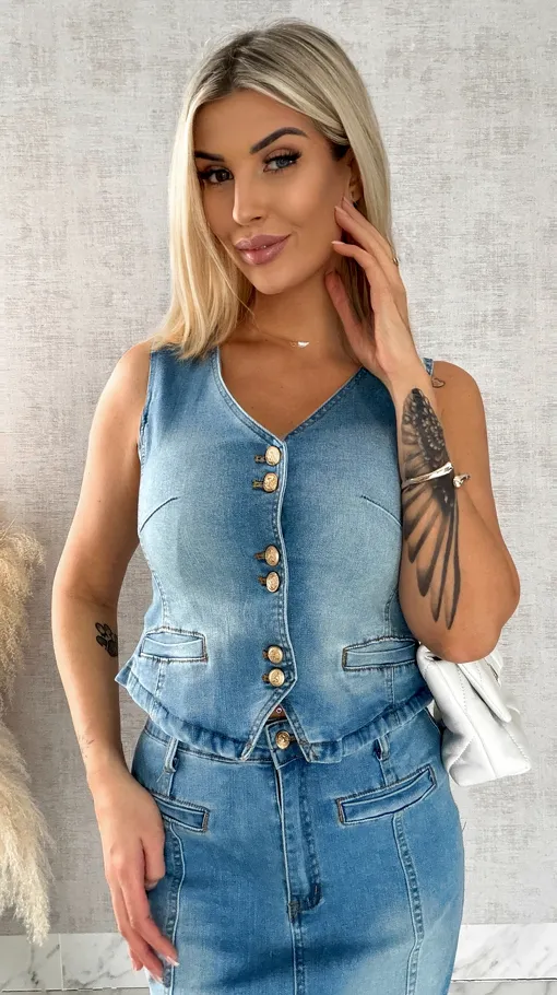 Świetny elastyczny jeansowy komplet kamizelka + spódnica BLUE JEANS - R501