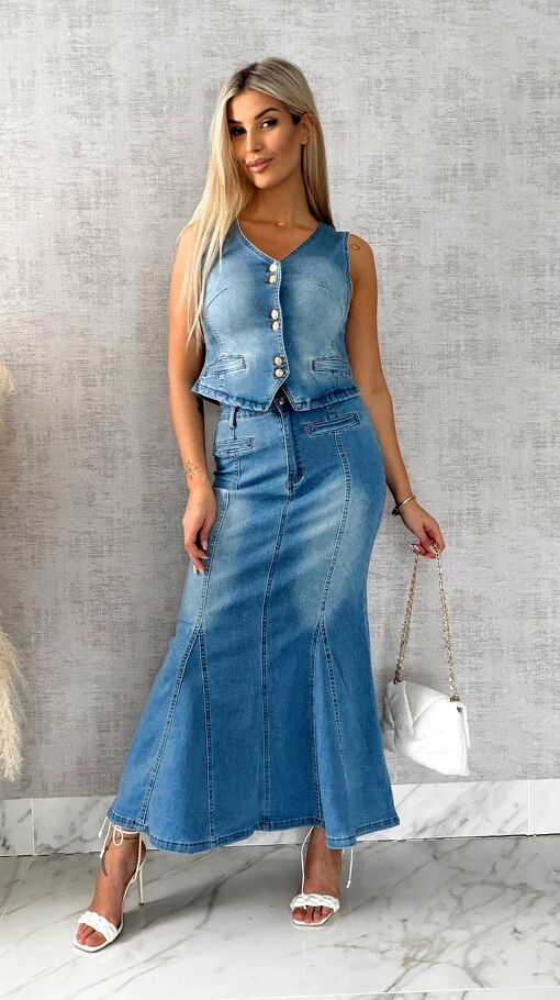 Świetny elastyczny jeansowy komplet kamizelka + spódnica BLUE JEANS - R501