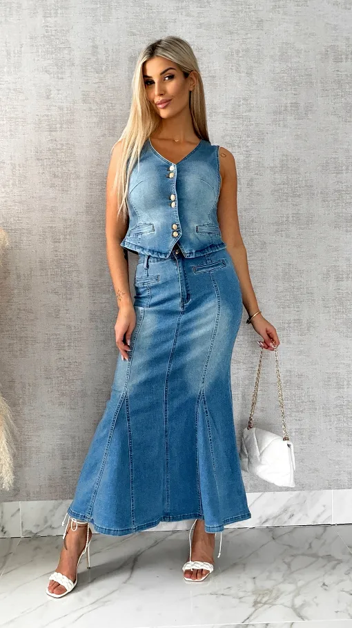 Świetny elastyczny jeansowy komplet kamizelka + spódnica BLUE JEANS - R501