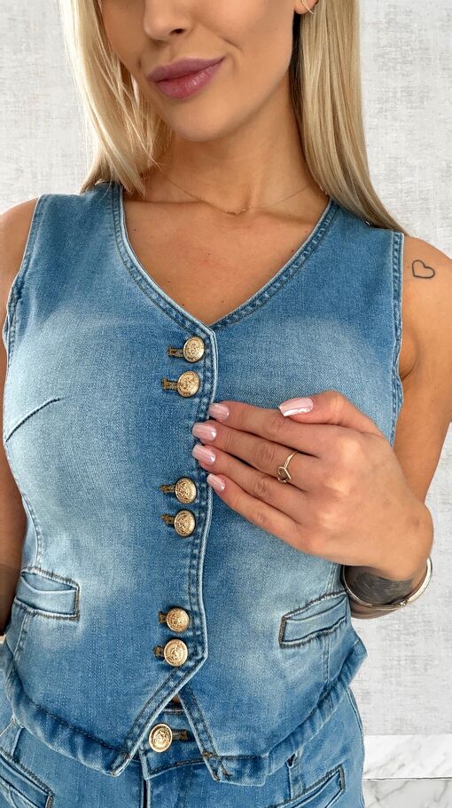 Świetny elastyczny jeansowy komplet kamizelka + spódnica BLUE JEANS - R501