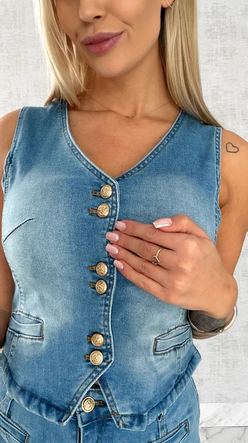 Świetny elastyczny jeansowy komplet kamizelka + spódnica BLUE JEANS - R501