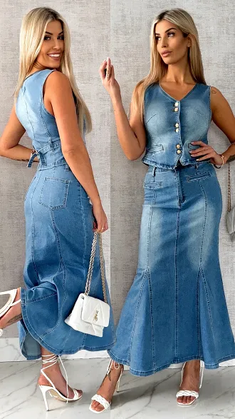 Świetny elastyczny jeansowy komplet kamizelka + spódnica BLUE JEANS - R501