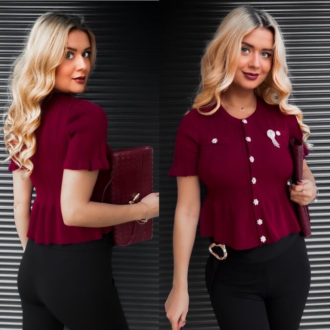 Bordowa dzianinowa bluzka z guzikami ONE SIZE - R395