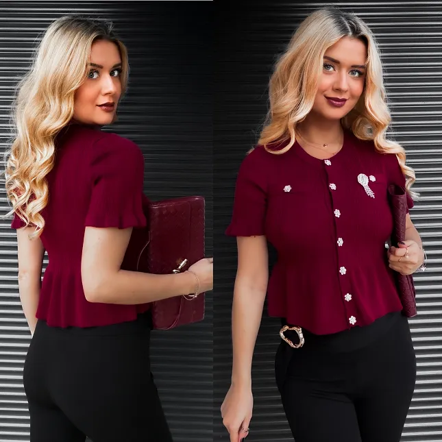 Bordowa dzianinowa bluzka z guzikami ONE SIZE - R395