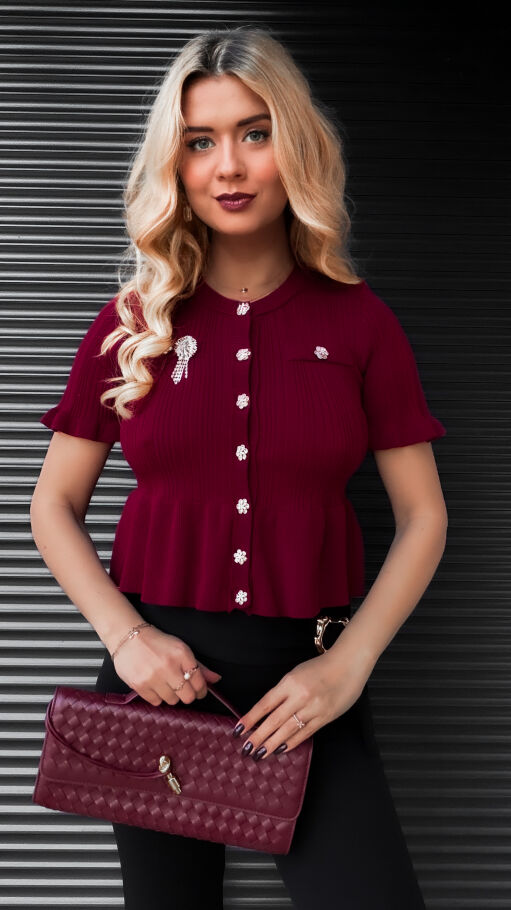 Bordowa dzianinowa bluzka z guzikami ONE SIZE - R395
