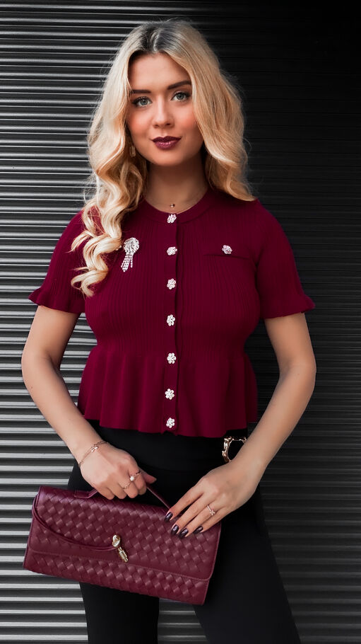 Bordowa dzianinowa bluzka z guzikami ONE SIZE - R395