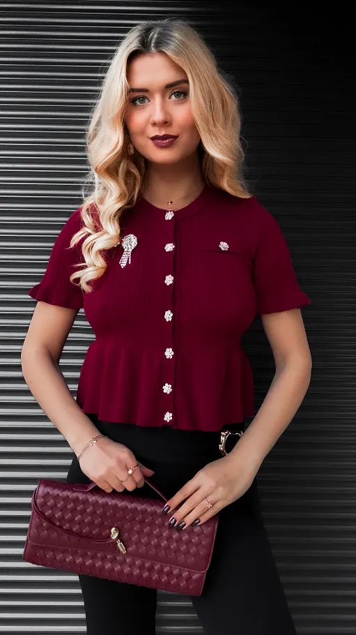 Bordowa dzianinowa bluzka z guzikami ONE SIZE - R395