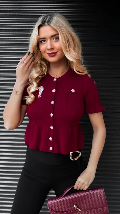 Bordowa dzianinowa bluzka z guzikami ONE SIZE - R395