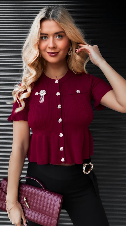 Bordowa dzianinowa bluzka z guzikami ONE SIZE - R395