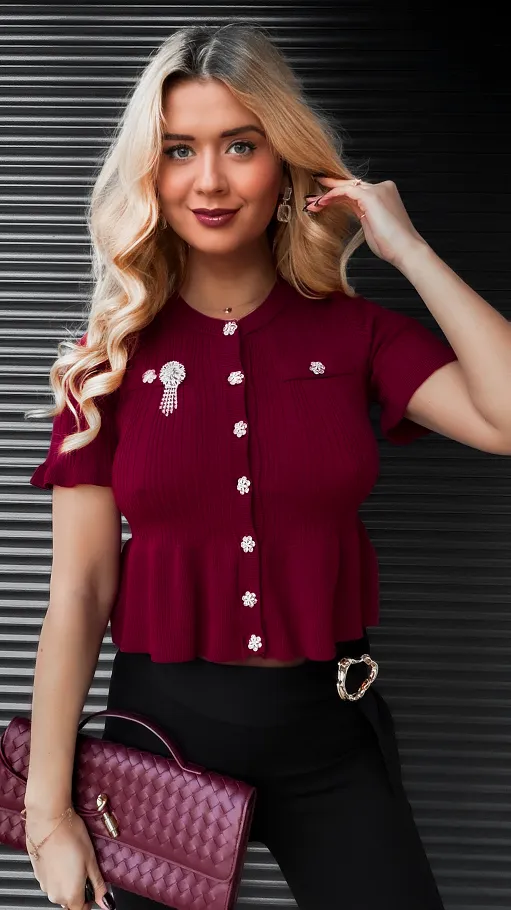 Bordowa dzianinowa bluzka z guzikami ONE SIZE - R395