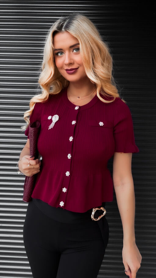 Bordowa dzianinowa bluzka z guzikami ONE SIZE - R395