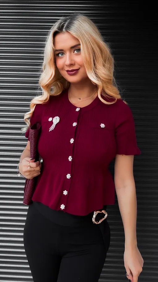 Bordowa dzianinowa bluzka z guzikami ONE SIZE - R395