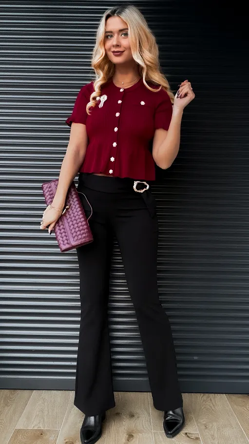 Bordowa dzianinowa bluzka z guzikami ONE SIZE - R395