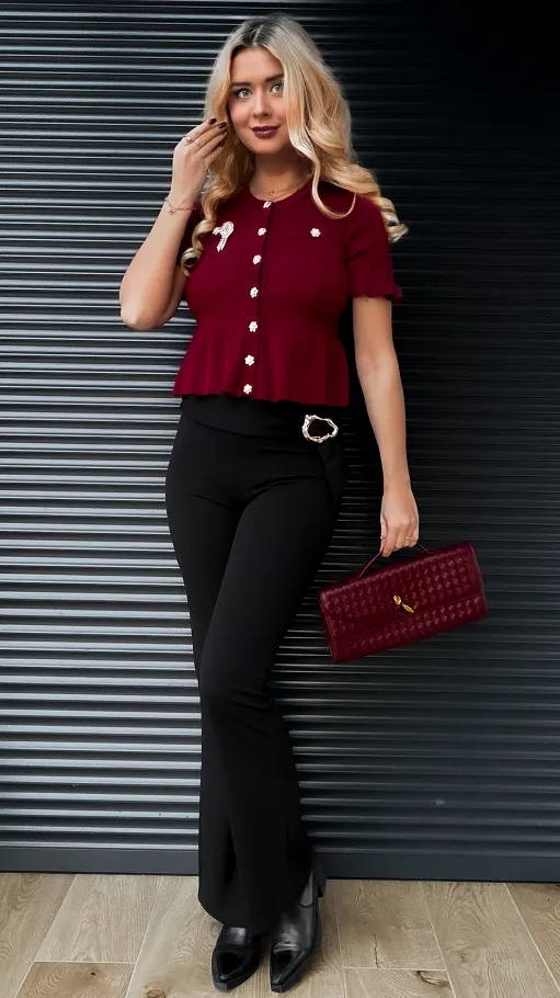 Bordowa dzianinowa bluzka z guzikami ONE SIZE - R395