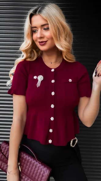 Bordowa dzianinowa bluzka z guzikami ONE SIZE - R395