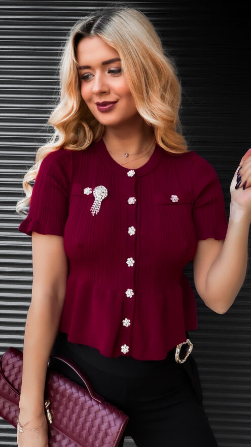 Bordowa dzianinowa bluzka z guzikami ONE SIZE - R395