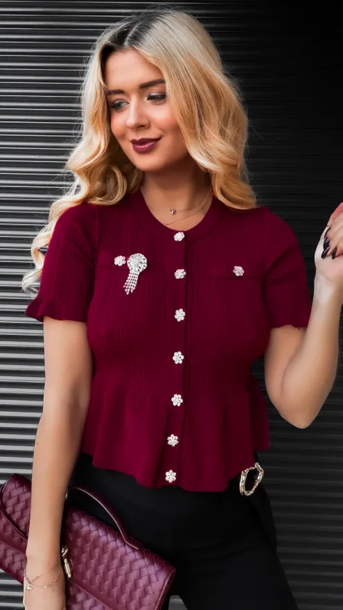 Bordowa dzianinowa bluzka z guzikami ONE SIZE - R395